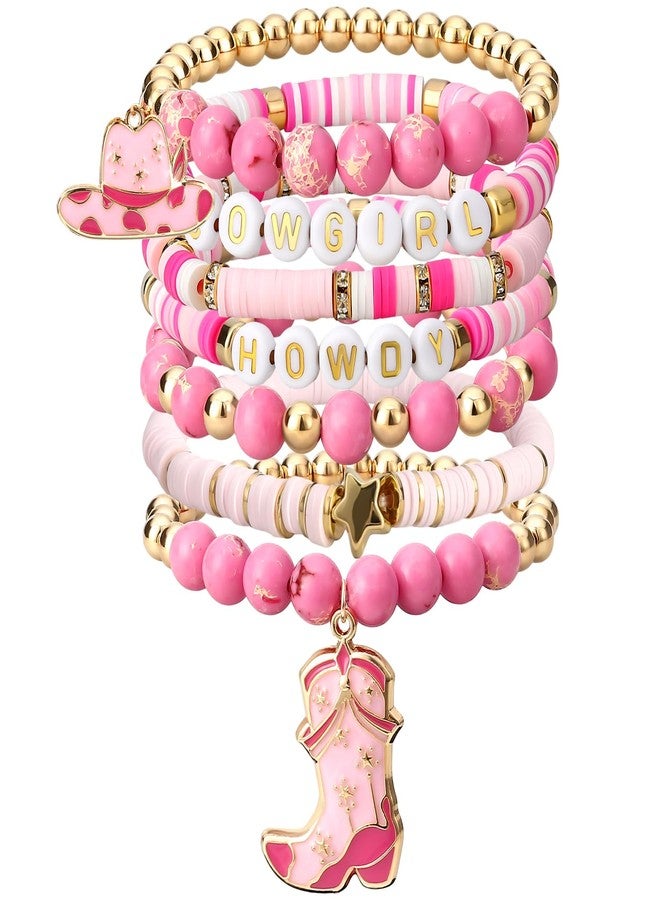 JOLYEAK 7Pcs Western Cowgirl Bracelets,Rainbow Clay Beaded Bracelet,Vintage Beaded Western Bracelet,Stackable Bohemian Bracelets for Women Cowgirl (Pink) - Image 1